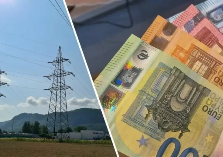 Symbolfoto von 5min.at: Fotomontage von Geld und zwei Strommasten.