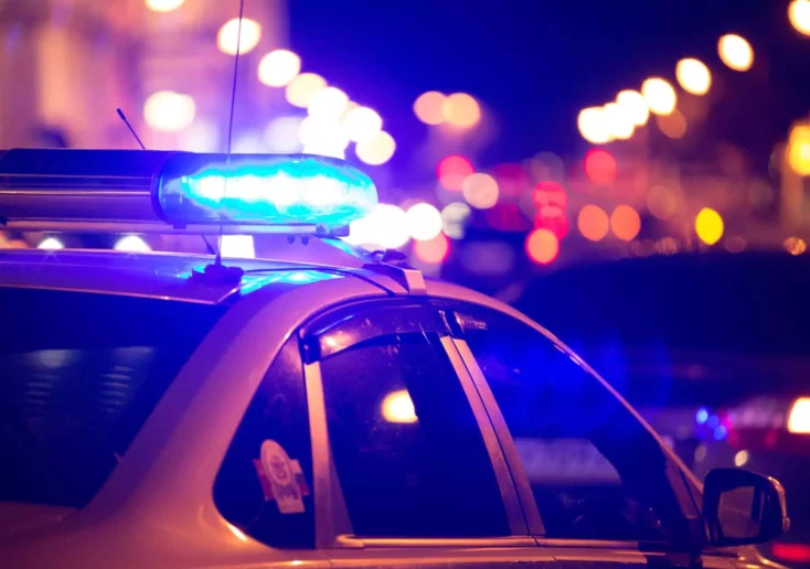 Symbolfoto zu einem Beitrag von 5min.at: Eine Polizeistreife mit Blaulicht bei Nacht.