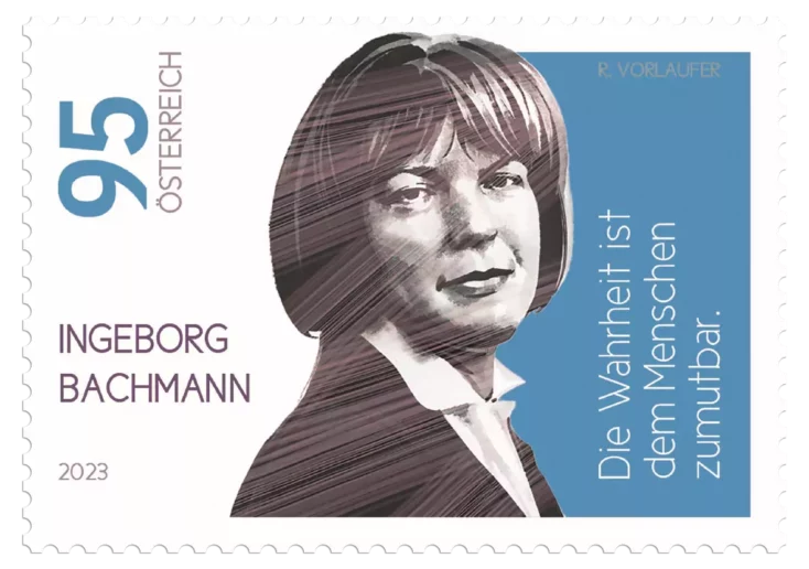 Das Bild auf 5min.at zeigt: Die Sonderbriefmarke "Ingeborg Bachmann" aus der neuen Serie "Literatur aus Österreich"