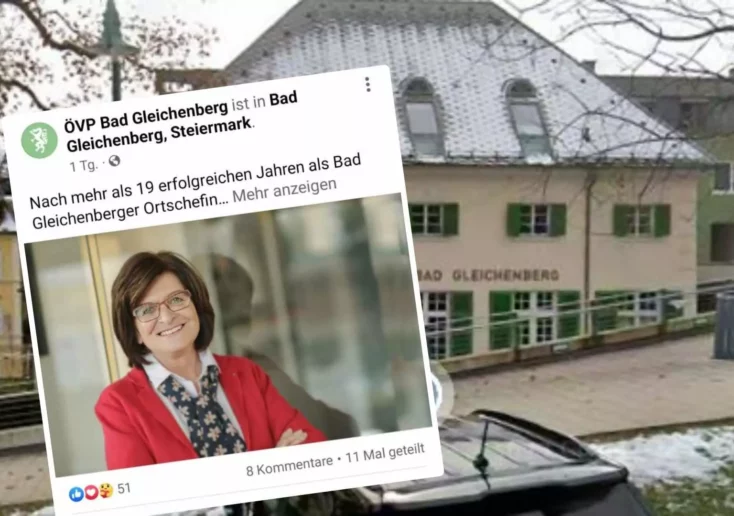 Bild bei Beitrag von 5min.at: Zu sehen ist das Posting der ÖVP Bad Gleichenberg zum Rücktritt der Bürgermeisterin - im Hintergrund das Gemeindeamt.