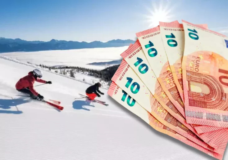 Fotomontage auf 5min.at zeigt zwei Skifahrer auf der Gerlitzen Alpe und zehn Euro-Scheine.