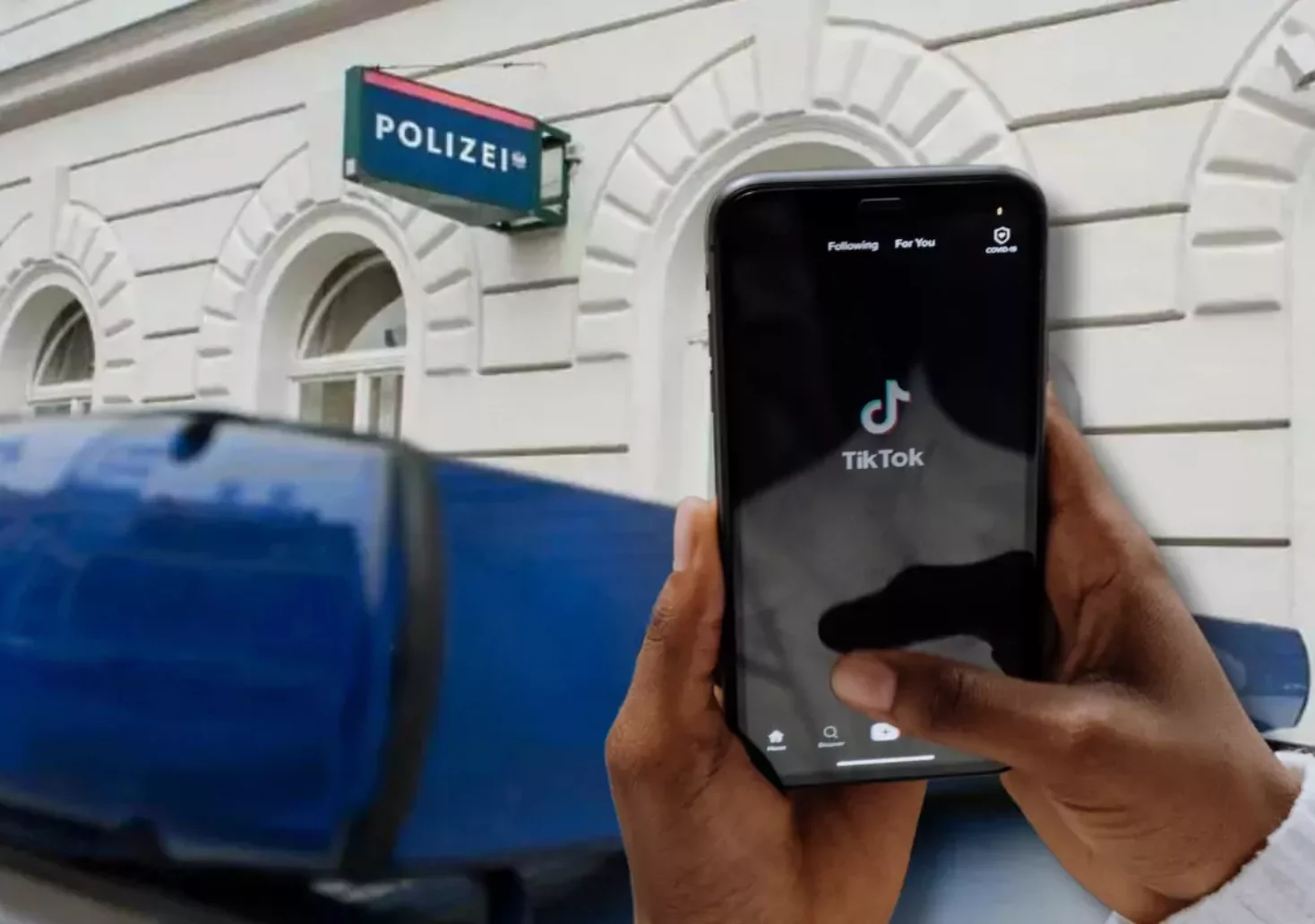 Bildmontage auf 5min.at zeigt ein Polizei-Gebäude im Hintergrund und ein Handy mit der App TikTok im Vordergrund.