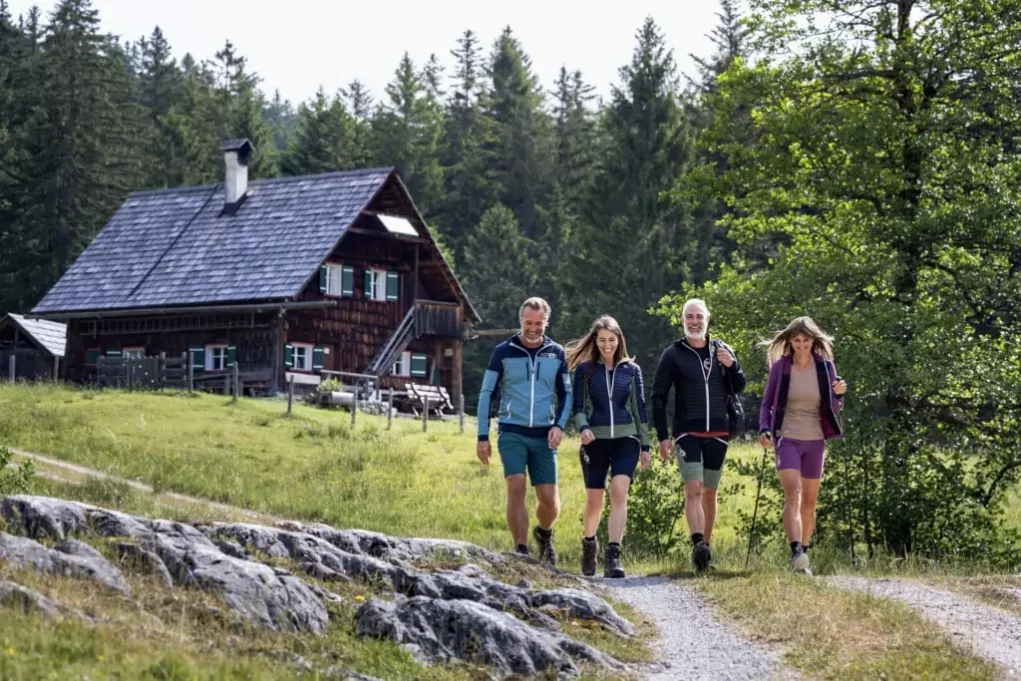 Symbolfoto von 5min.at: Vier Menschen wandern gemeinsam durch die Alpen.