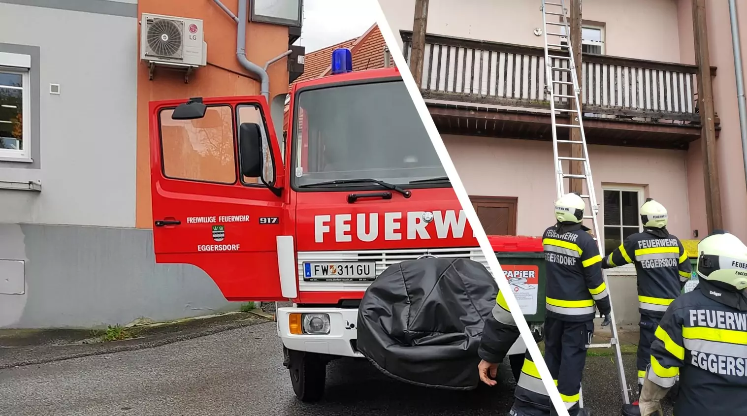 Bild auf 5min.at zeigt drei Feuerwehrmänner und ein Feuerwehrauto der Frewilligen Feuerwehr Eggersdorf bei Graz.
