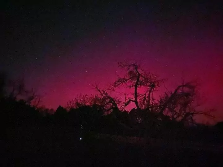 The photo on 5min.at shows the pink northern lights shining in Rosenthal's night sky.