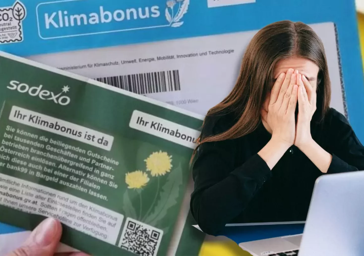 Bildmontage auf 5min.at zeigt eine verzweifelte Frau und ein Kuvert des österreichischen Klimabonus.