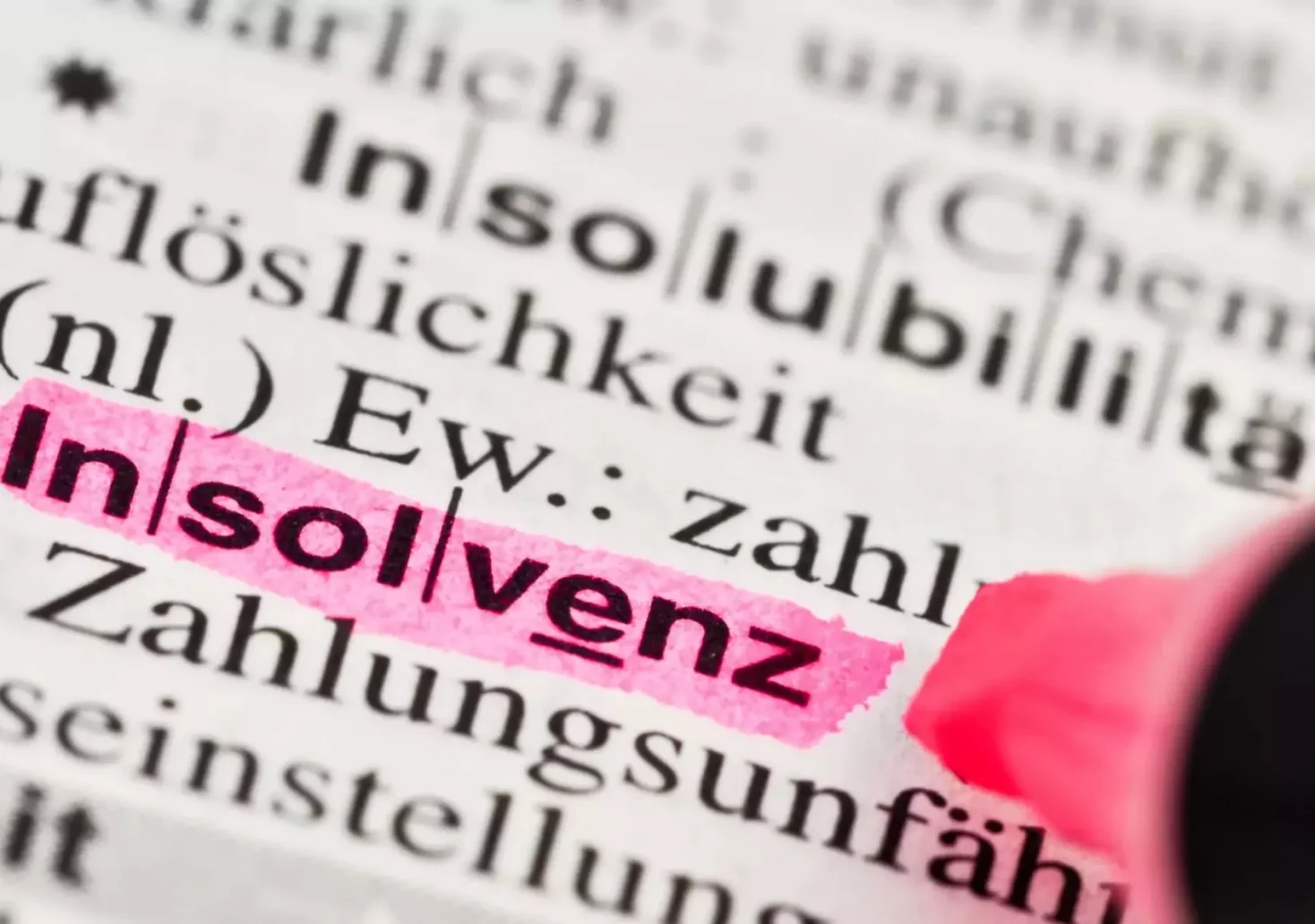 Ein Bild auf 5min.at zeigt ein Wörterbuch, in dem gerade das Wort Insolvenz mit einem pinken Marker markiert wird.