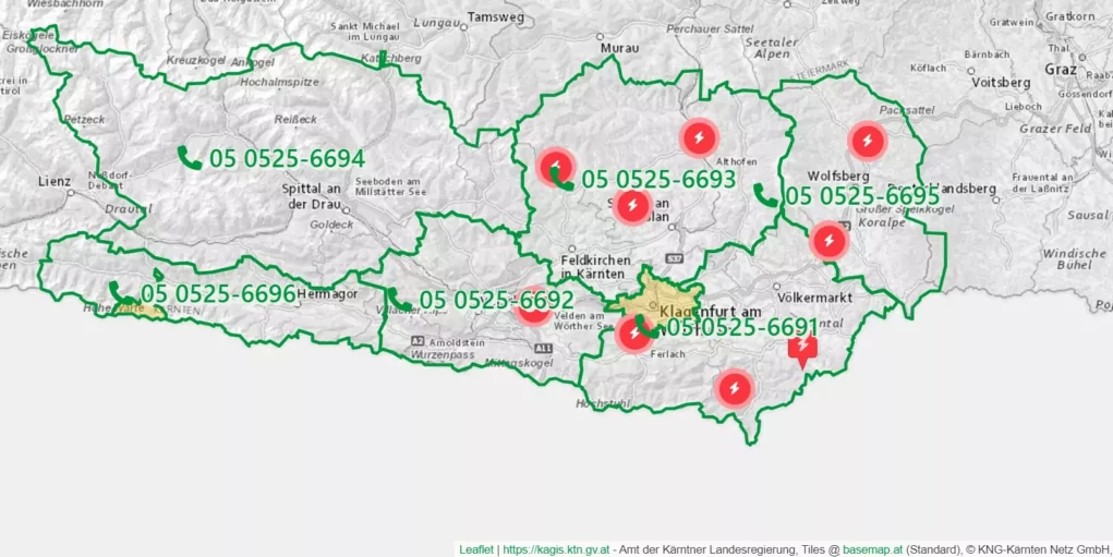 Ein Bild auf 5min.at zeigt die Störungskarte der KNG Kärnten Netz. Betroffen ist vor allem der Unterkärntner Bereich.