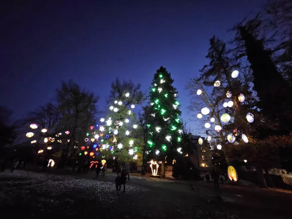 Ein Bild auf 5min.at zeigt die dekorierten Bäume im Thomas Brezina Winterwunderwald in Villach.