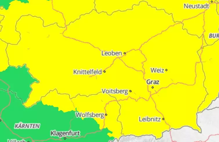 Foto in Beitrag von 5min.at: Zu sehen ist die Karte in der Steiermark gelb eingefärbt.