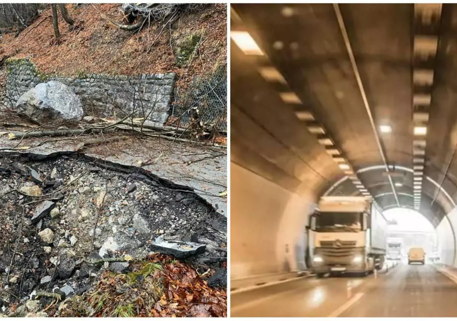 Foto in Beitrag von 5min.at: Zu sehen ist eine Montage von einem Tunnel und der zerstörten Plöckenpass-Straße in Italien.