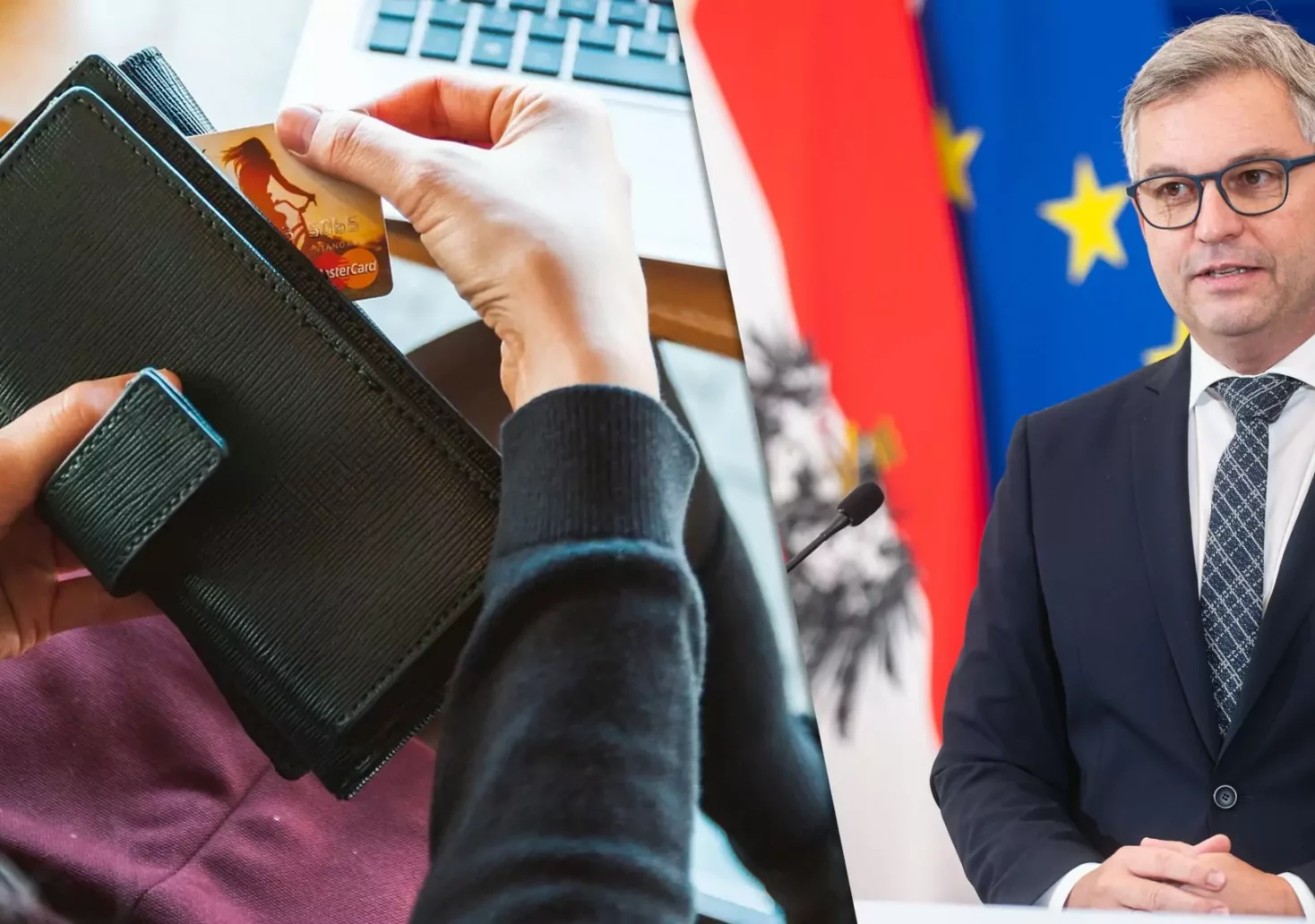 Eine Bildmontage auf 5min.at zeigt links eine Frau, die eine Bankomatkarte aus der Brieftasche zieht und rechts Finanzminister Magnus Brunner.