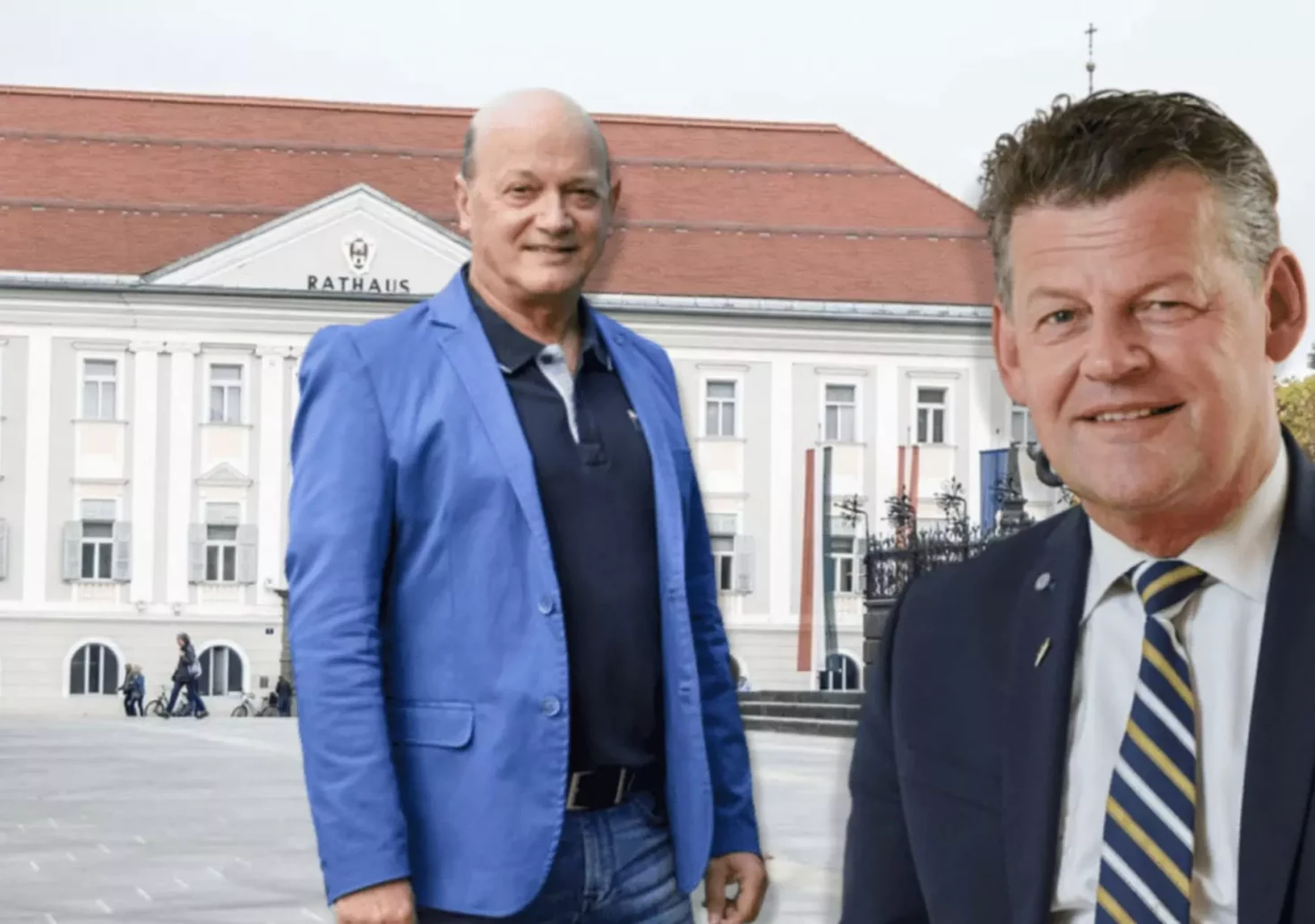 Eine Bildmontage auf 5min.at zeigt den ehemaligen Magistratsdirektor Jost und Bürgermeister Scheider vor dem Klagenfurter Rathaus.