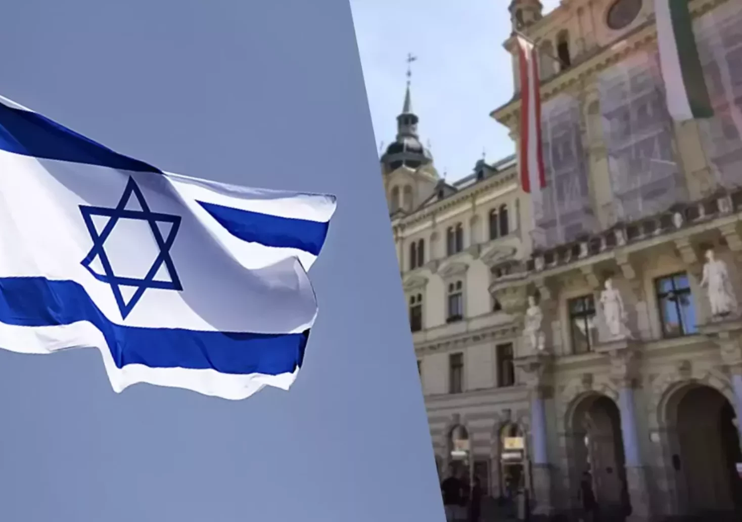 Bild auf 5min.at zeigt eine Montage mit einer israelischen Flagge und dem Grazer Rathaus.
