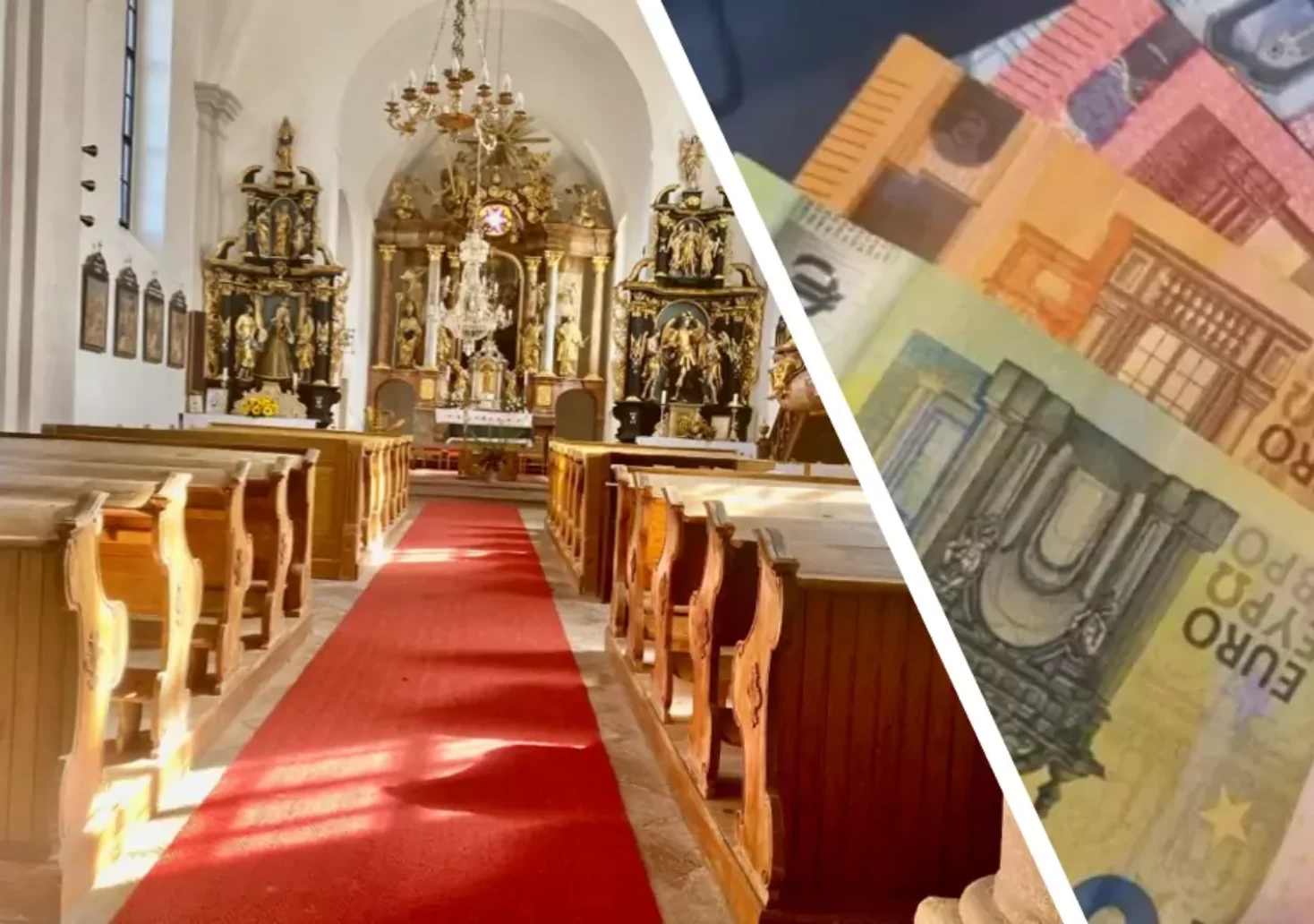 Bild auf 5min.at zeigt eine Montage. Links ist eine Kirche zusehen, rechts mehrere Geldscheine.