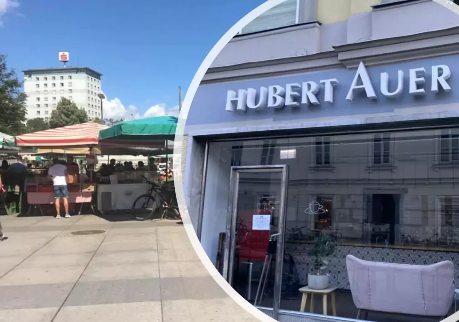 Bild auf 5min.at zeigt eine Montage. Man sieht den Grazer Lendplatz und die Bäckerei Hubert Auer.