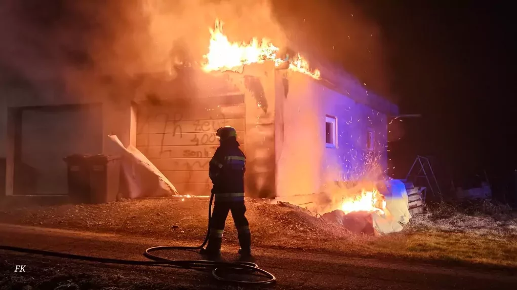 Bild zeigt Florianis bei einem Löscheinsatz einer brennenden Garage.