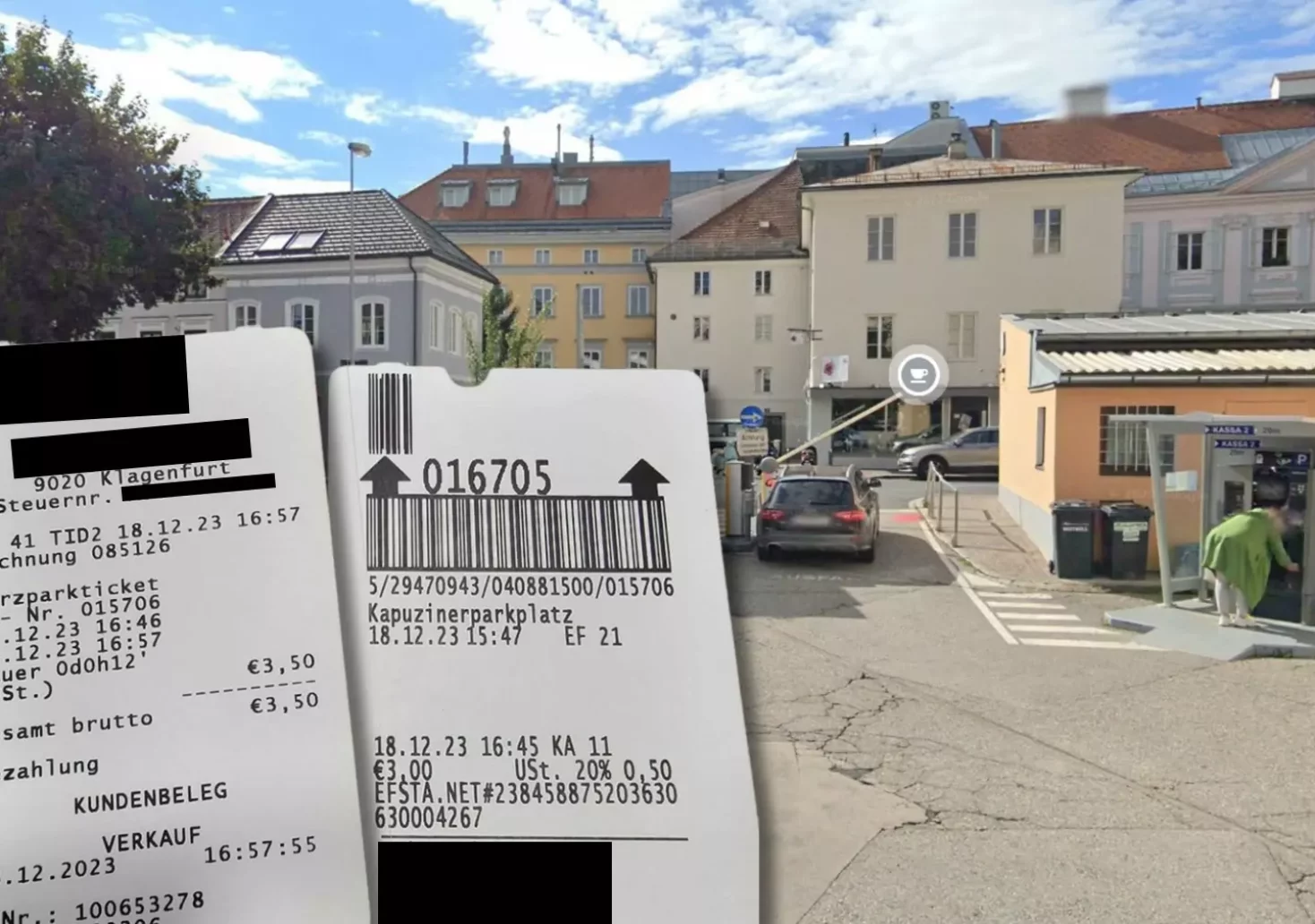 Eine Bildmontage auf 5min.at zeigt den Kapuziner Parkplatz und die beiden Belege für die doppelt bezahlte Parktgebühr.