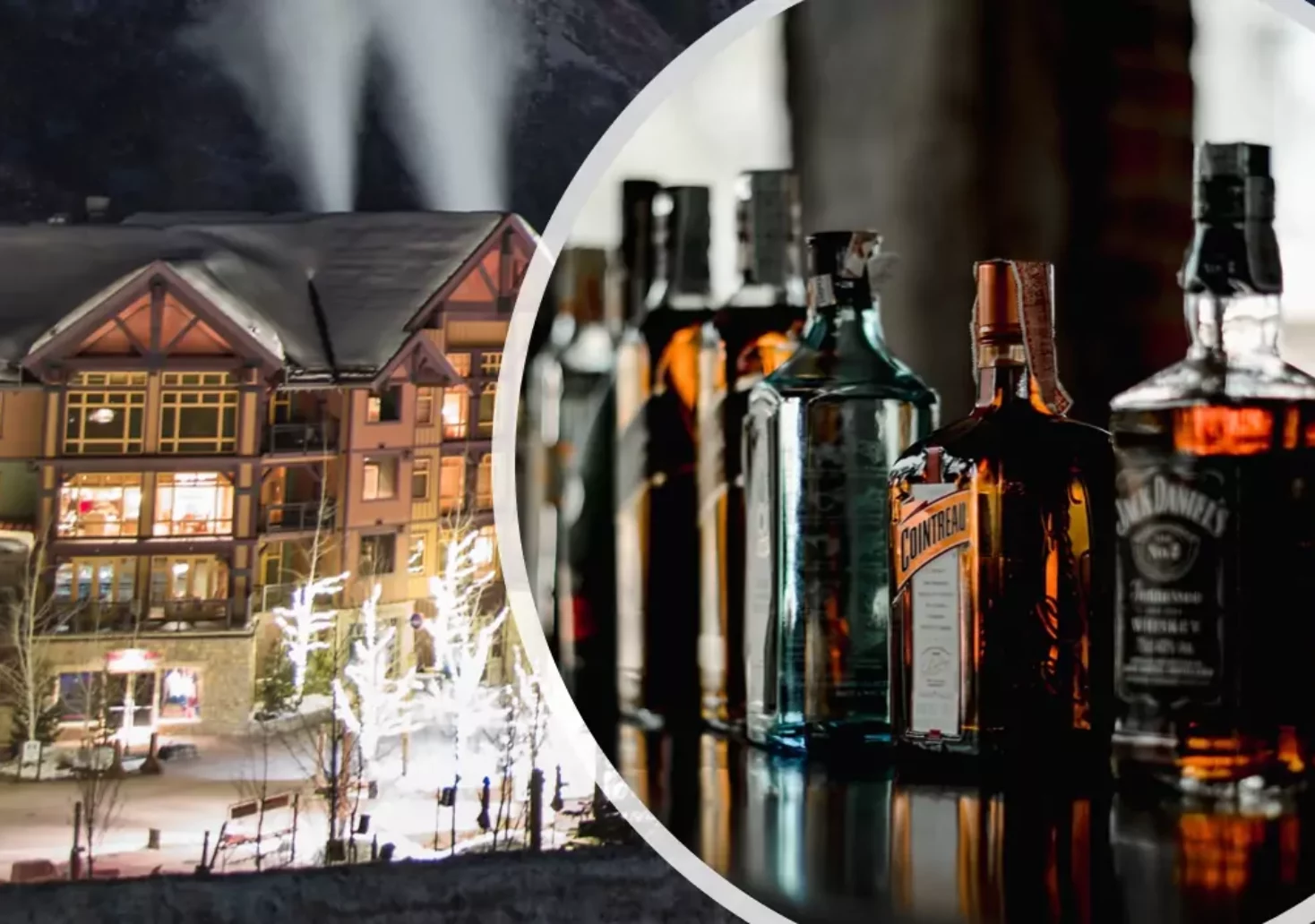 Bild auf 5min.at zeigt eine Montage. Links ist ein Skigebiet zu sehen, rechts mehrere Flaschen mit hochprozentigem Alkohol.