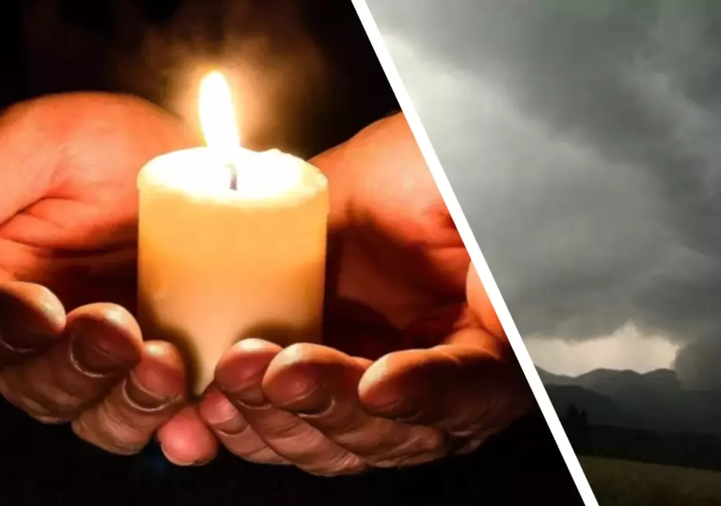 Bild auf 5min.at zeigt eine Kerze, die von Händen gehalten wird und ein Unwetter.