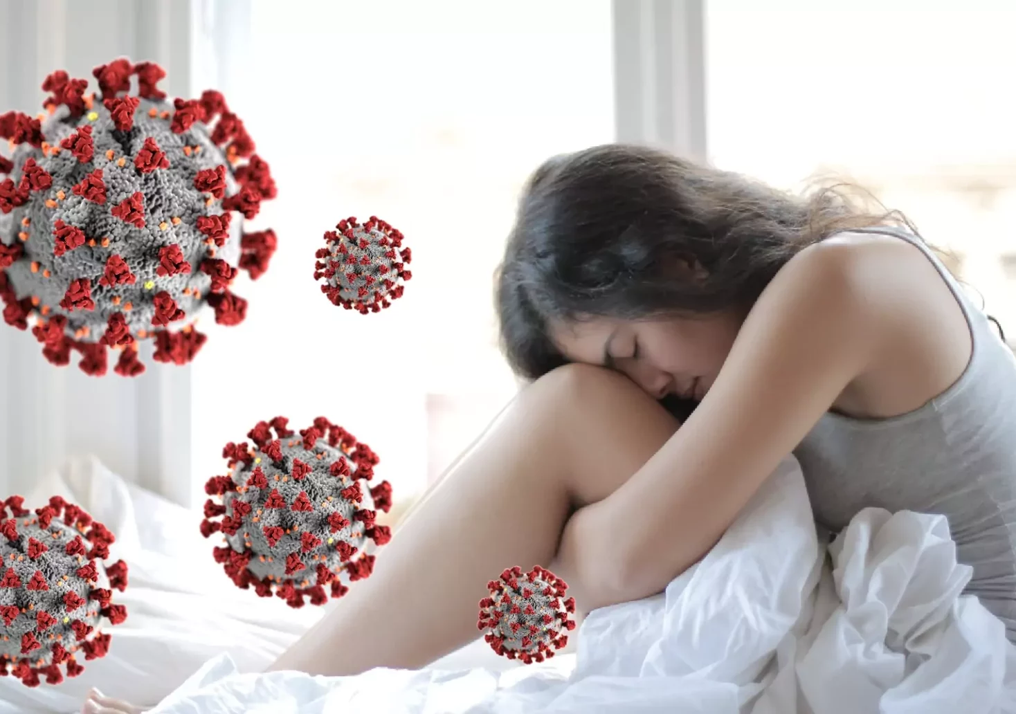 Foto auf 5 min.at zeigt eine Bildmontage von einer Frau, die krank im Bett liegt und von einem Virus.