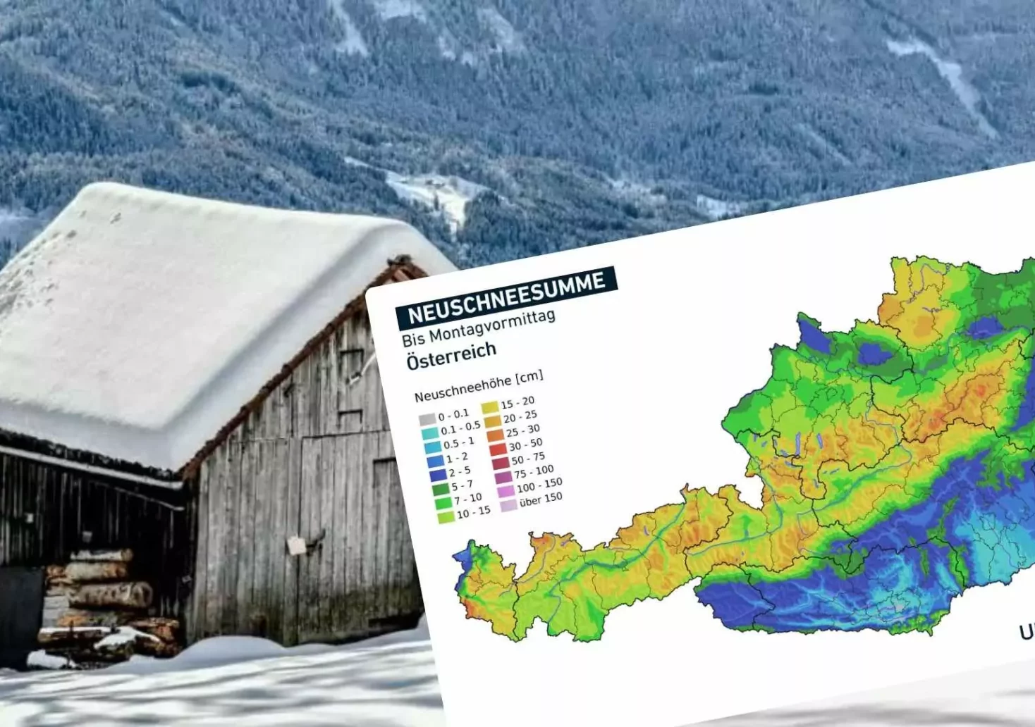 Photo in the article from 5min.at: You can see the amount of snow expected in Austria in the coming hours.