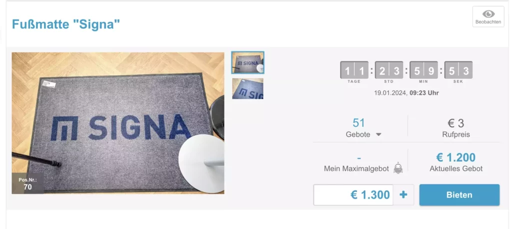 Signa-Auktion: Fußmatte dominiert Bieterkampf