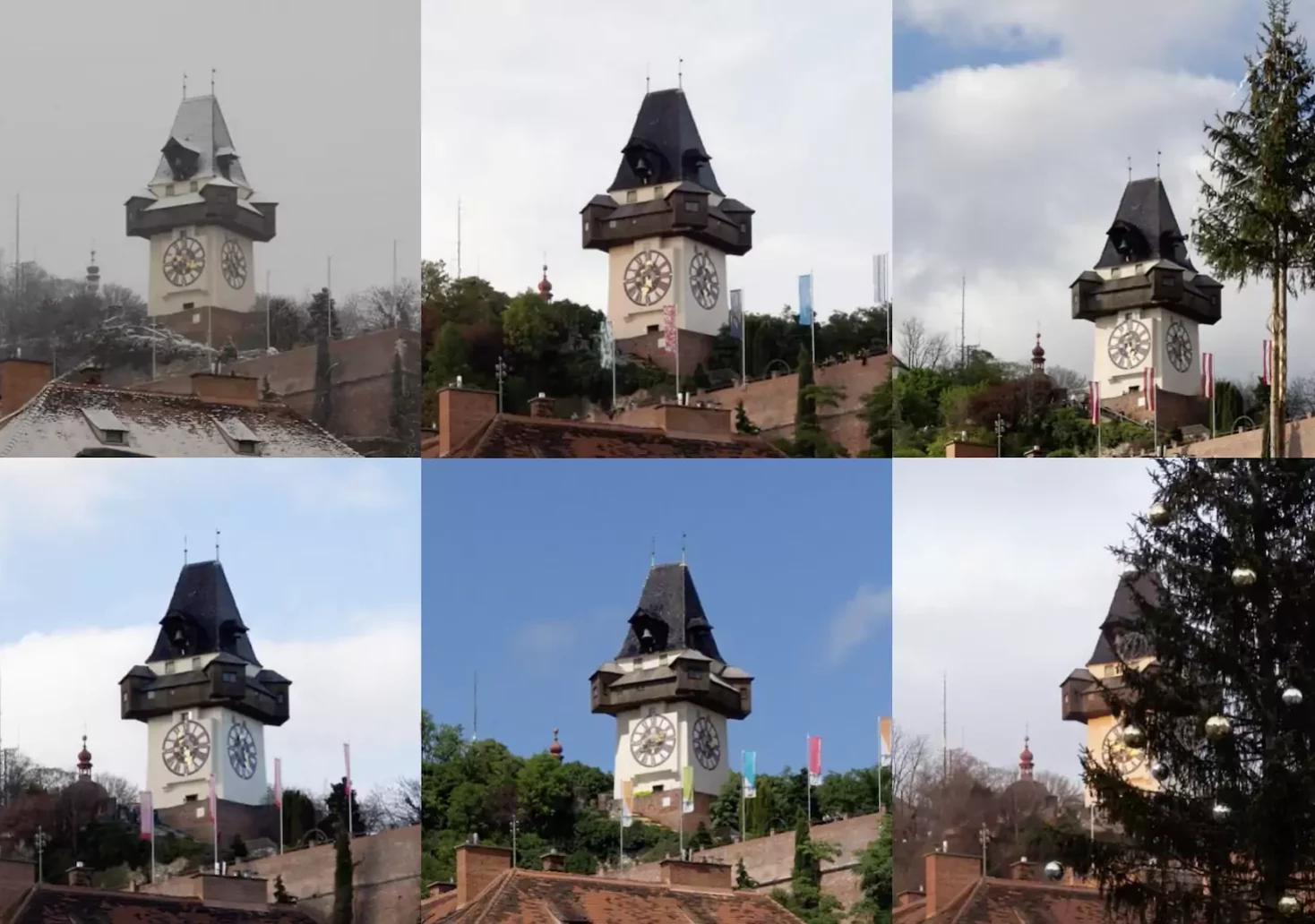Foto auf 5min.at zeigt den Grazer Uhrturm im Wandel der Jahreszeiten.