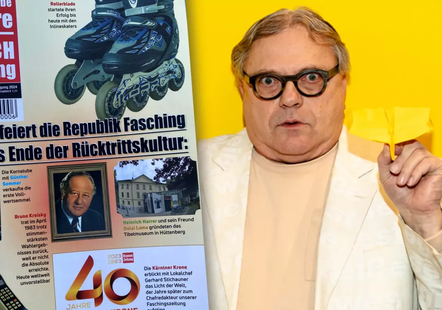 Ein Bild auf 5min.at zeigt die aktuelle Ausgabe der Faschingszeitung und Herausgeber Reinhard Eberhart mit einem Papierflieger in der Hand.