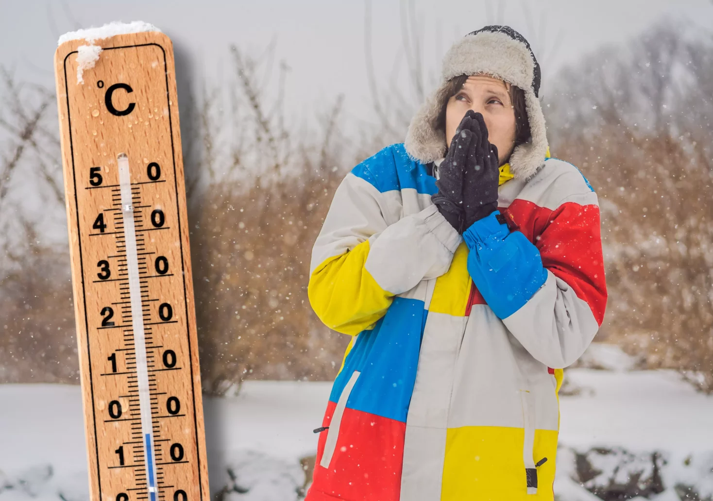 Eine Bildmontage auf 5min.at zeigt einen frierenden Mann in Winterkleidung und ein Thermometer.