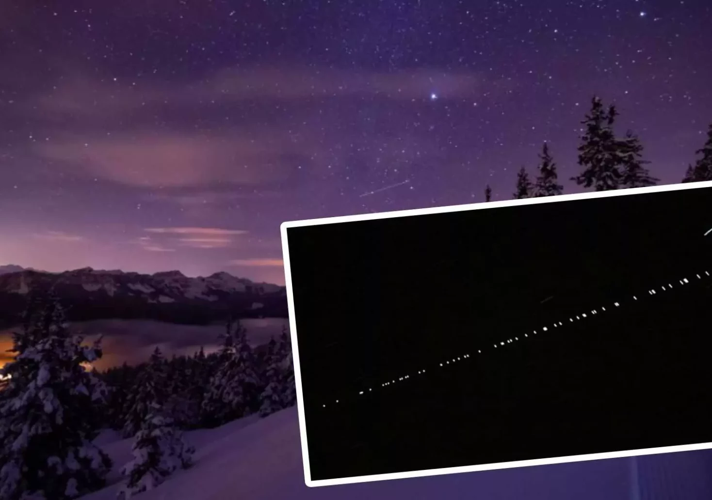 Foto in Beitrag von 5min.at: Zu sehen sind die Starlink-Satelliten auf ein Foto von einem Nachthimmel montiert.