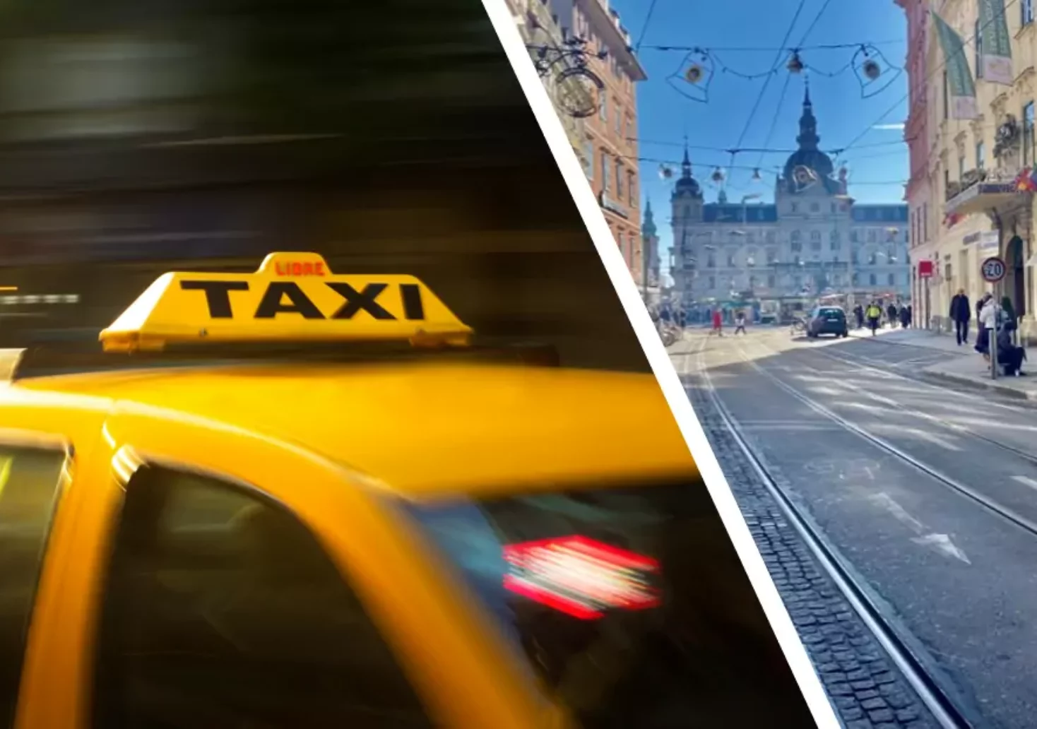 Bild auf 5min.at zeigt eine Montage von einem Taxi und der Stadt Graz.