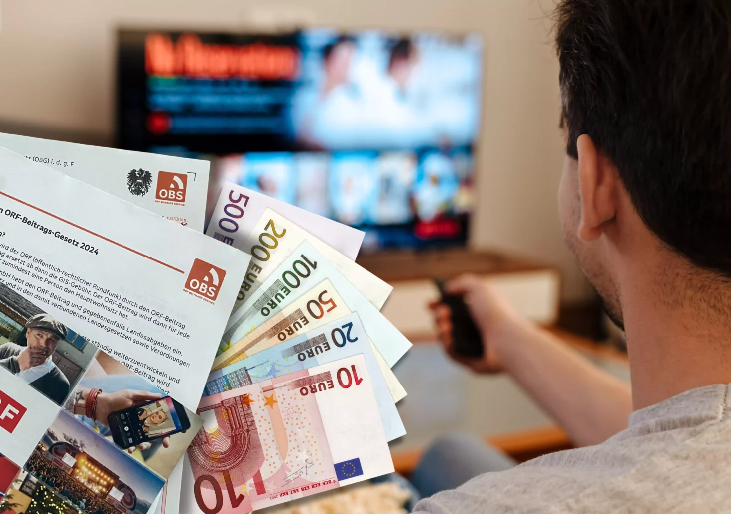 Foto in Beitrag von 5min.at: Zu sehen ist Geld, der ORF-Zettel und im Hintergrund ein Mann, der Fernsehen schaut.