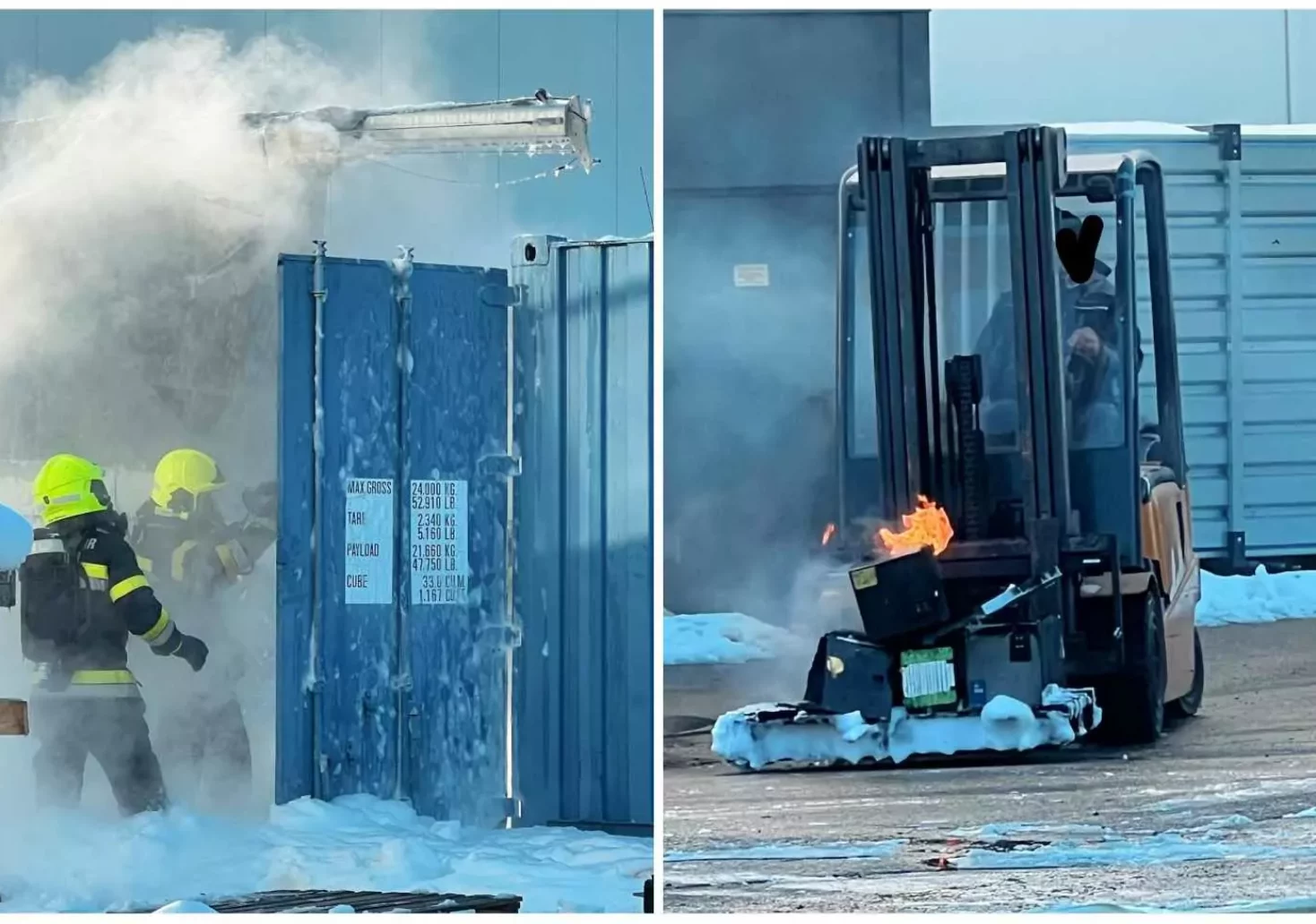 Foto in Beitrag von 5min.at: Zu sehen ist eine Fotomontage von einer brennenden Batterie und einem Container, aus dem es raucht.