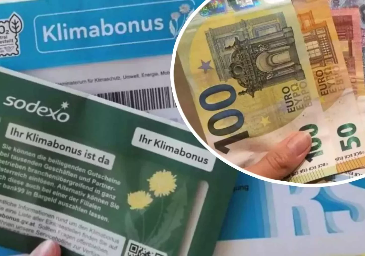 Foto in Beitrag von 5min.at: Zu sehen ist eine Fotomontage von Bargeld und dem Klimabonus-Brief.