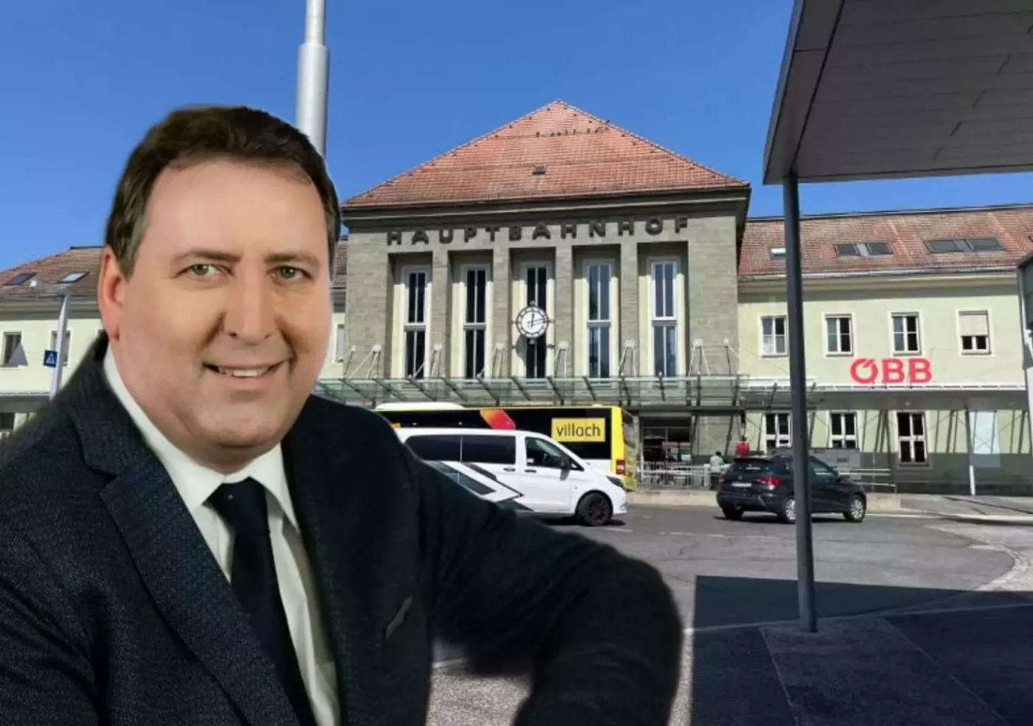 Foto in Beitrag von 5min.at: Zu sehen ist Erwin Baumann vor dem Villacher Hauptbahnhof.