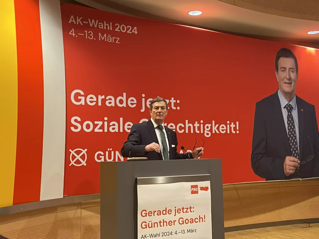 Ein Bild auf 5min.at zeigt den aktuellen Arbeiterkammer Präsidenten Günther Goach beim FSG-Wahlauftakt zur AK-Wahl 2024.