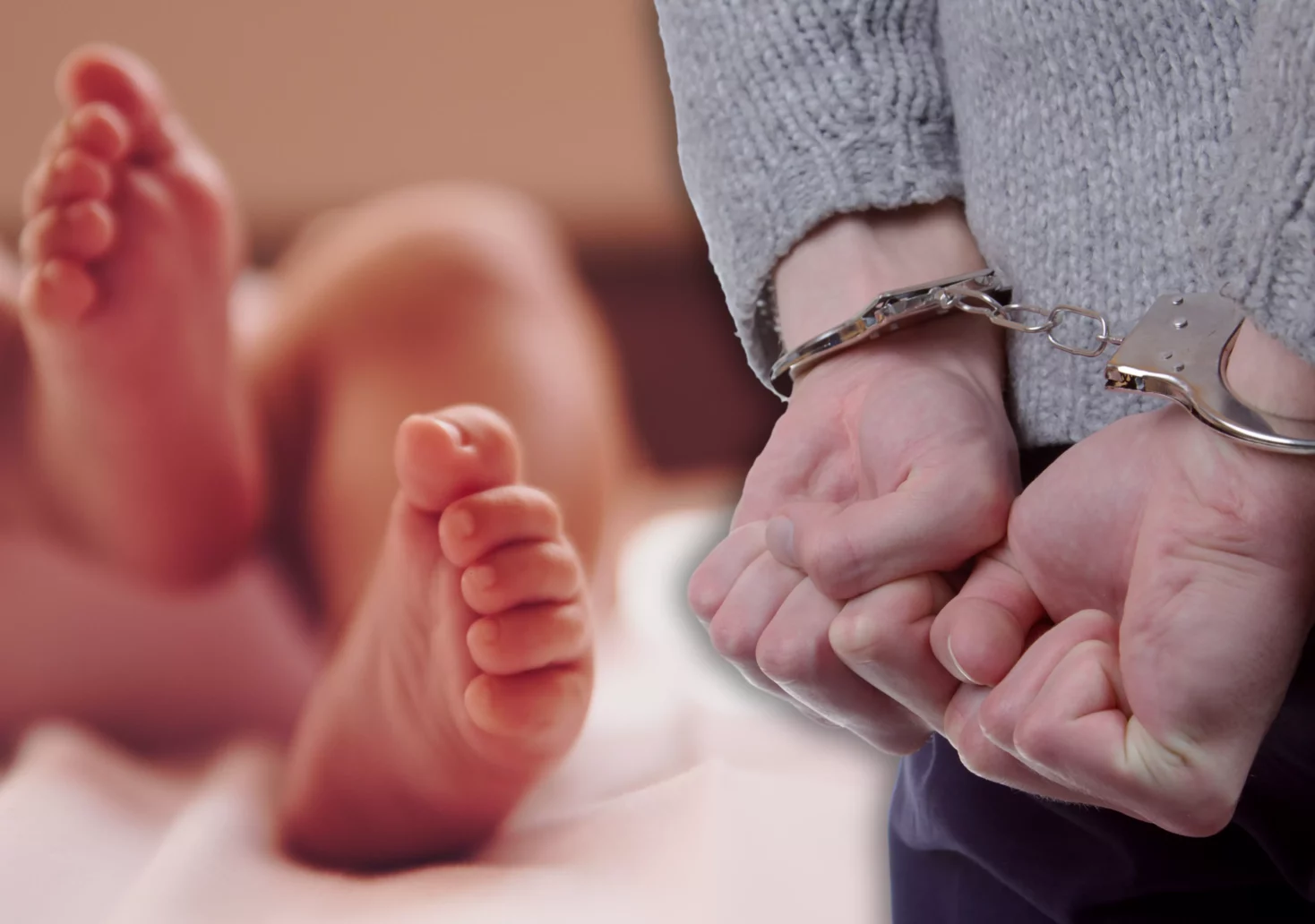 Eine Bildmontage auf 5min.at zeigt die Füße eines Babys und eine Person in Handschellen.