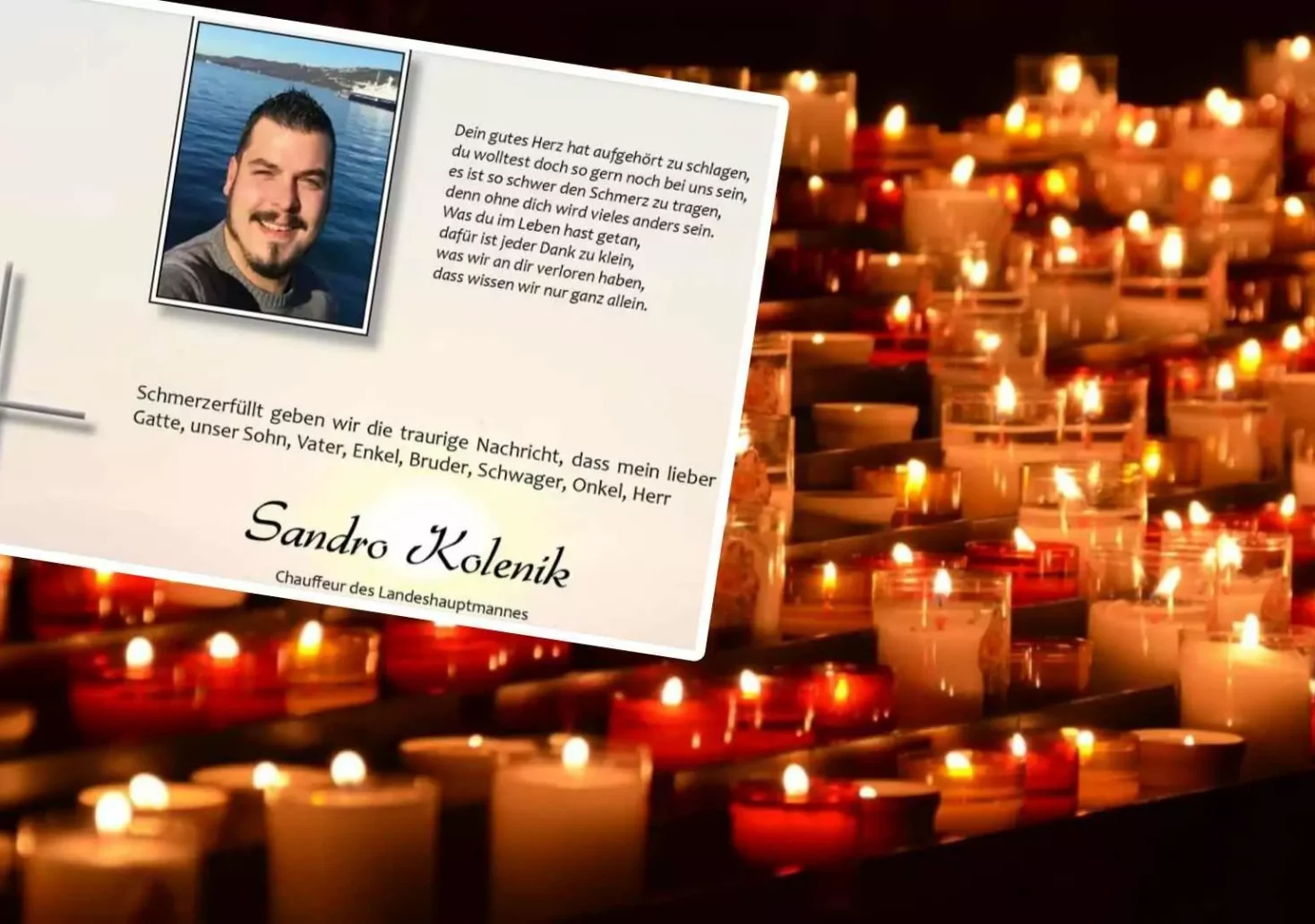 Foto in Beitrag von 5min.at: Zu sehen ist der Verstorbene in einer Fotomontage mit vielen Kerzen.