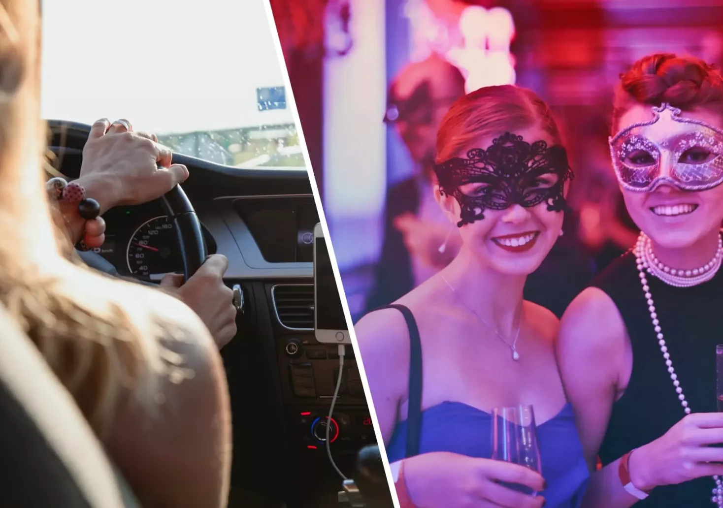 Eine Bildmontage auf 5min.at zeigt eine Autofahrerin und feiernde Faschingsgäste.