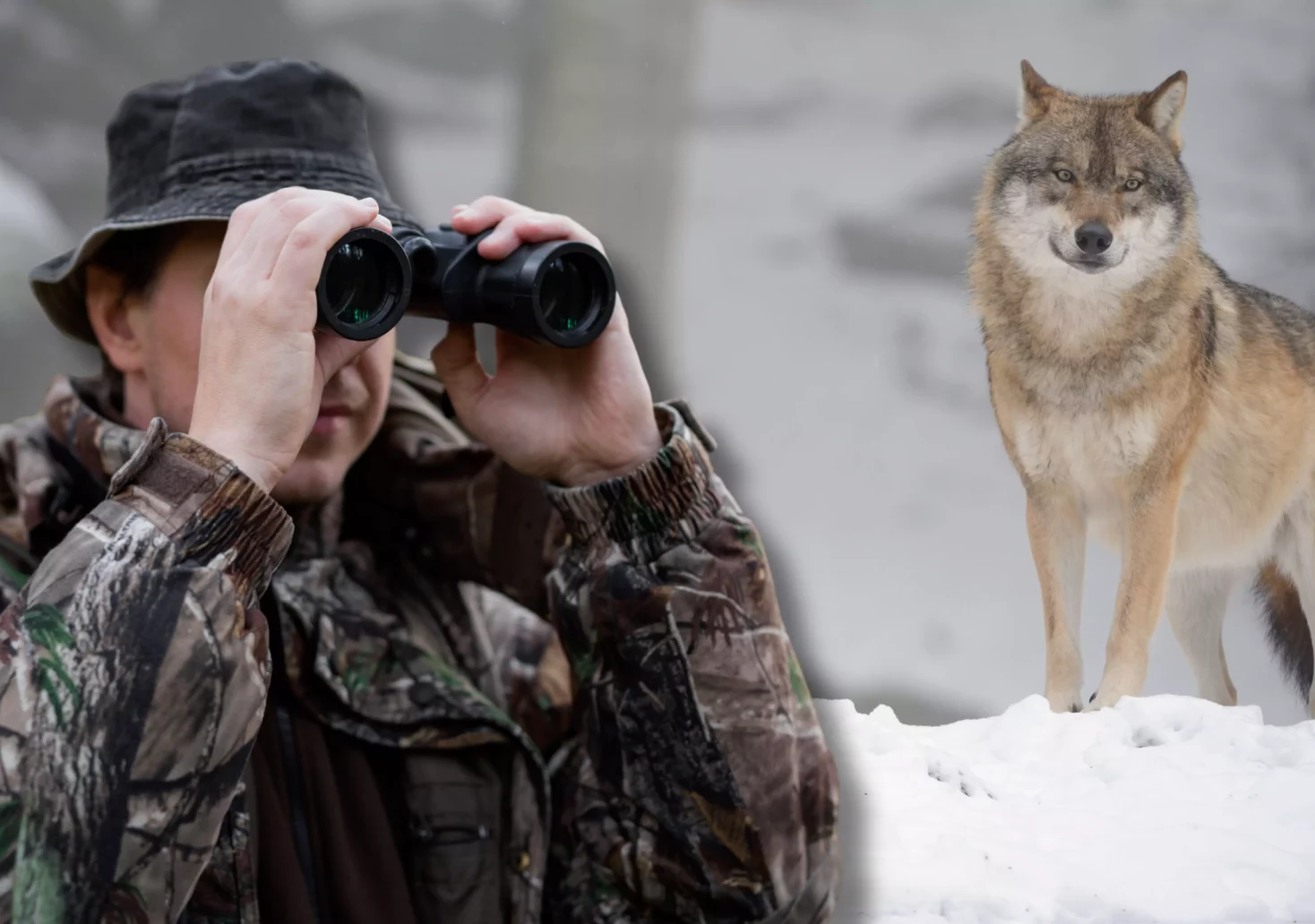 Ein Bild auf 5min.at zeigt einen Jäger mit Fernglas und einen wolf.
