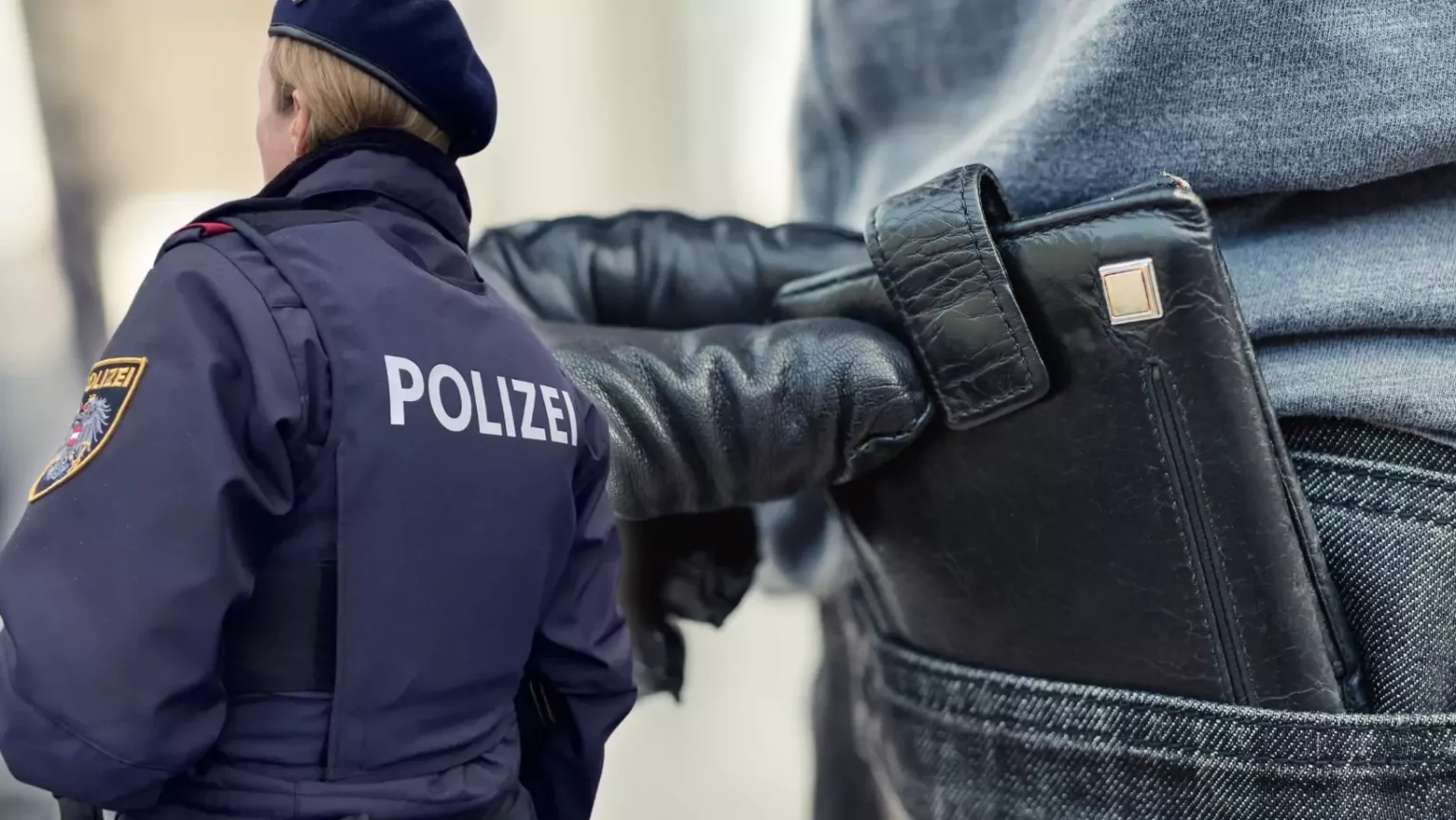 Bild auf 5min.at zeigt eine Polizistin und eine Hand, die nach einer Brieftasche greift.