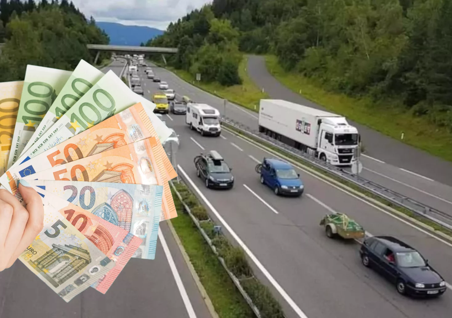 Foto auf 5min.at zeigt eine Montage aus Pendler auf einer Autobahn und Geldscheinen.