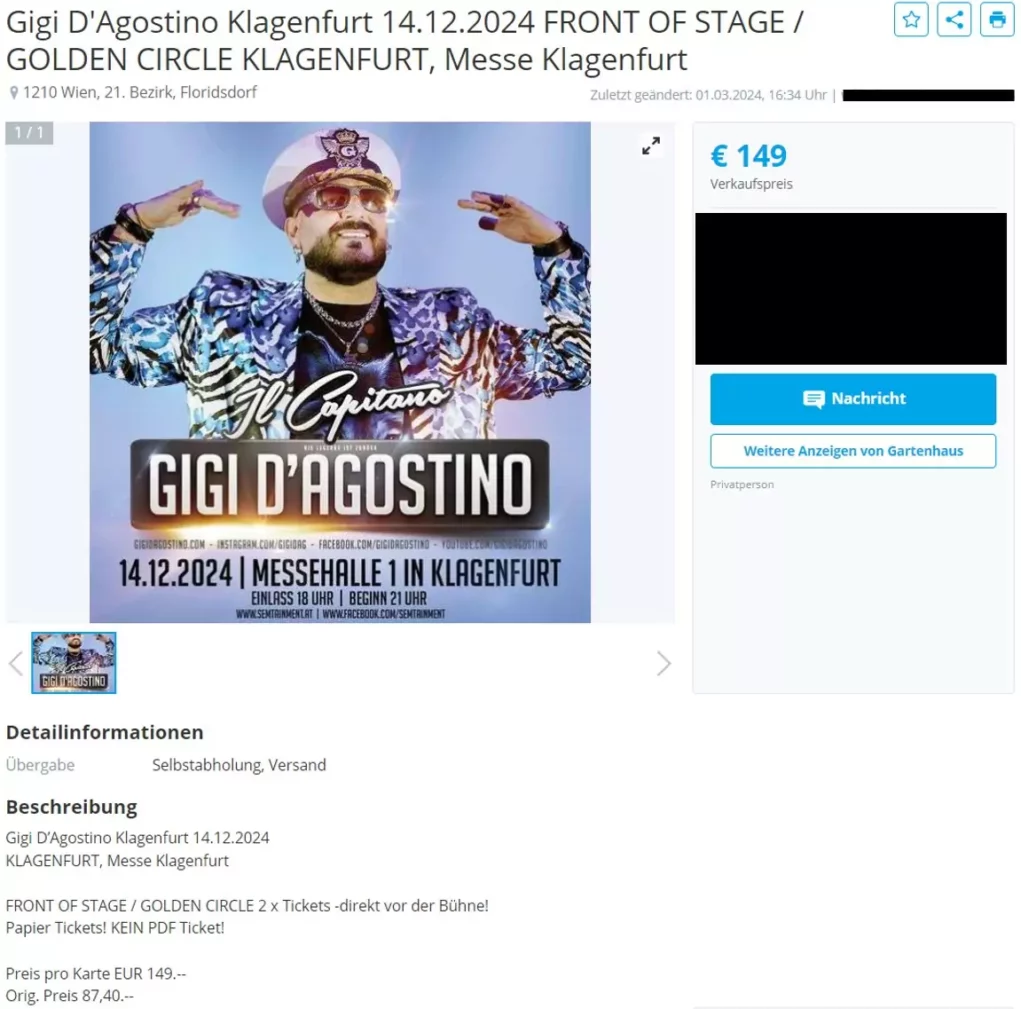 Ein Bild auf 5min.at zeigt ein Angebot für Gigi D'Agostino auf willhaben.at.