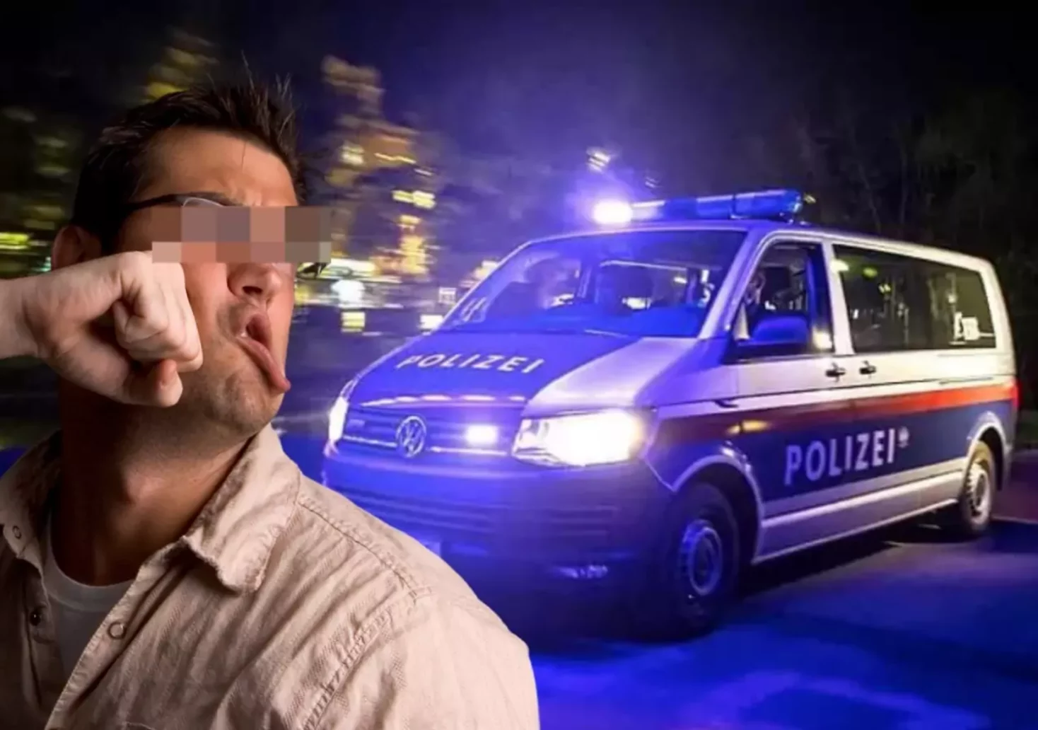 Bild auf 5min.at zeigt einen Mann, dem mit der Faust ins Gesicht geschlagen wird, und im Hintergrund ein Polizeiauto mit Blaulicht.