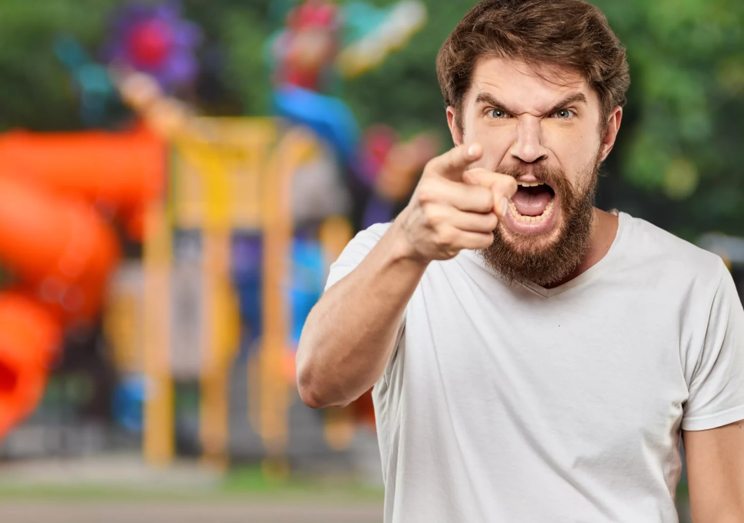 Eine Bildmontage auf 5min.at zeigt einen schreienden Mann vor einem Spielplatz.