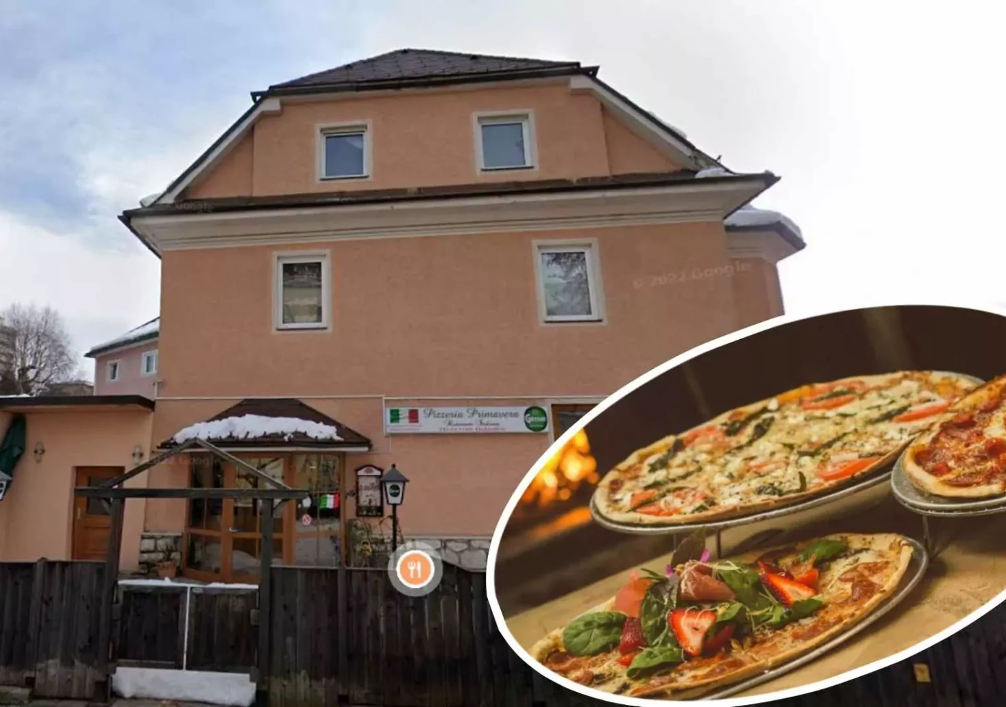 Foto in Beitrag von 5min.at: Zu sehen ist die Pizzeria "Primavera" in Villach inklusive eines reinmontierten Fotos von mehreren Pizzen.