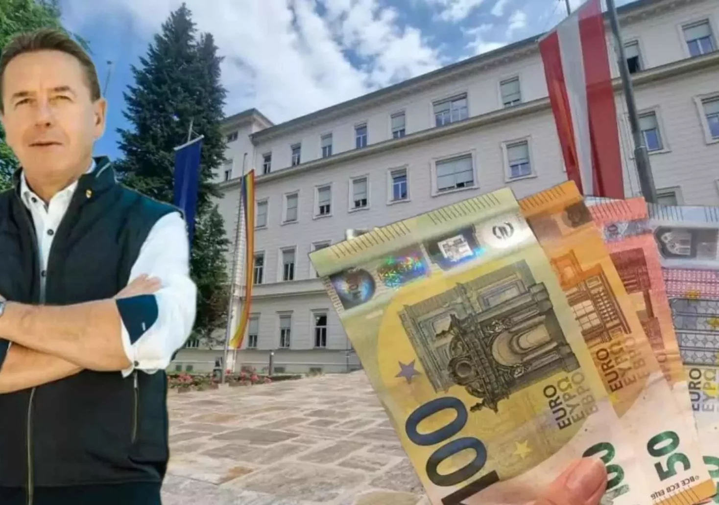 Foto in Beitrag von 5min.at: Zu sehen ist FPÖ-Chef Erwin Angerer, etwas Geld und die Landesregierung.