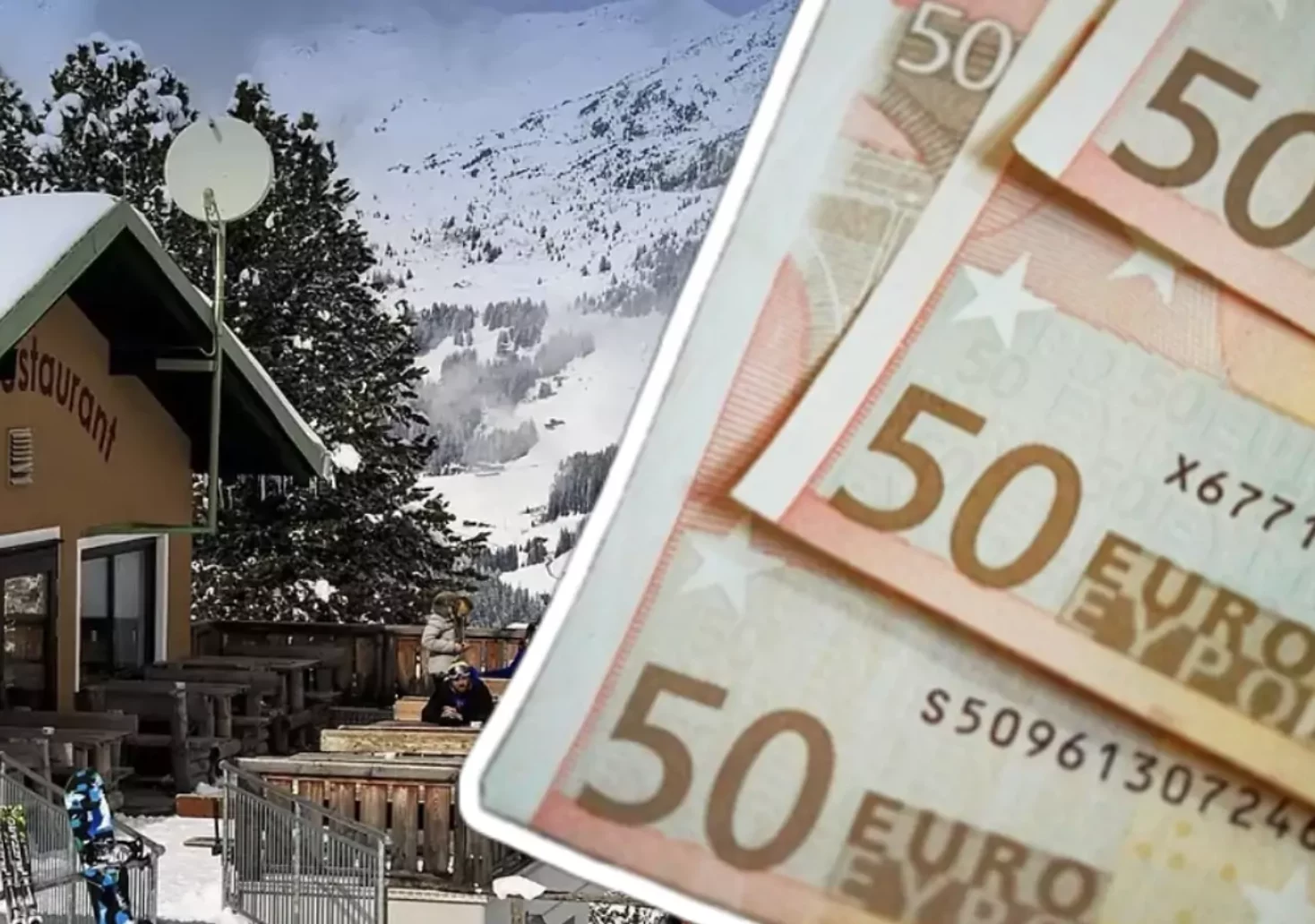 Symbolfoto auf 5min.at zeigt eine Skihütte und 50-Euro-Scheinen.