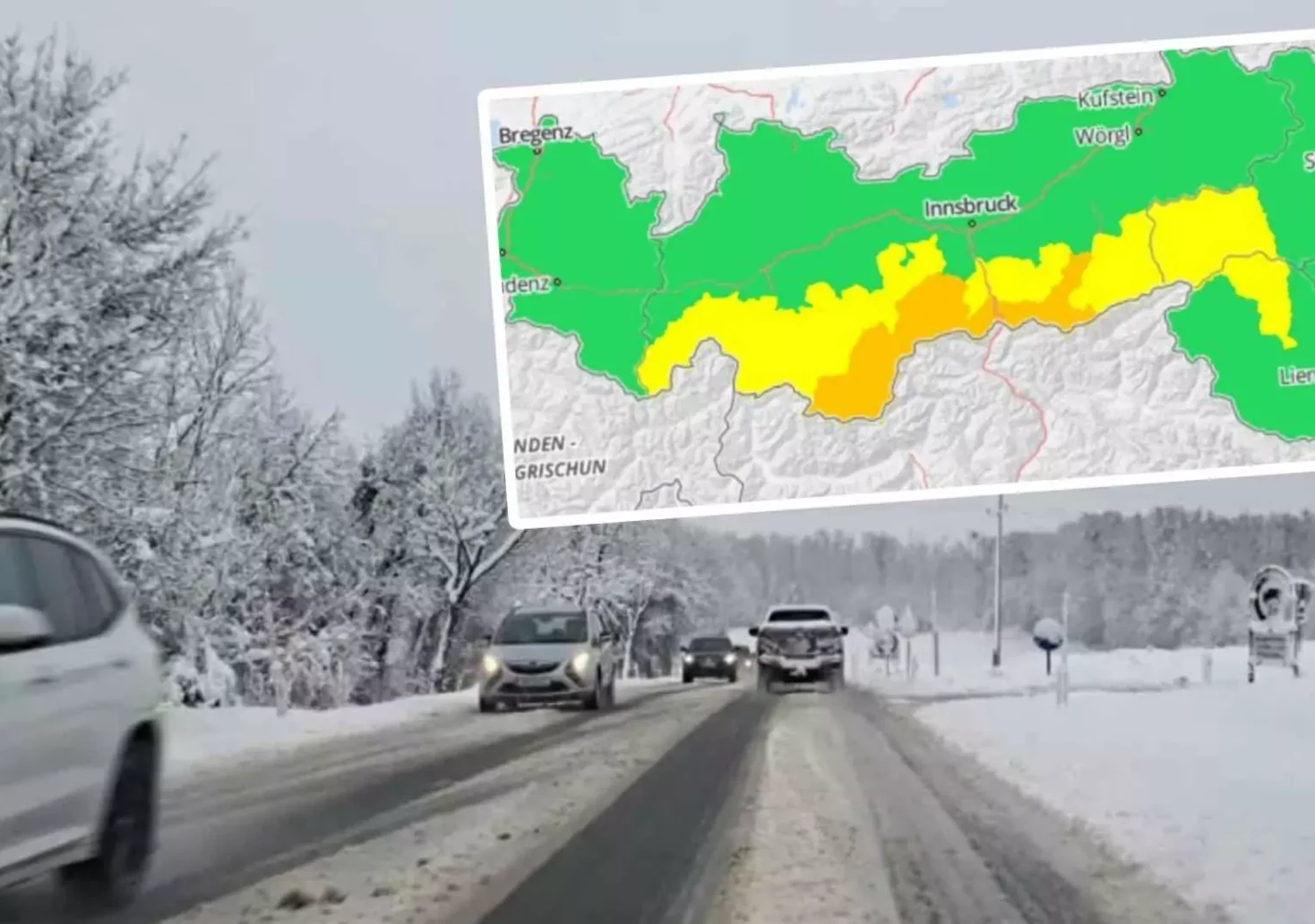 Foto in Beitrag von 5min.at: Zu sehen ist eine Schneefahrbahn und Schneefall auf einer Straße. Im Vordergrund die Warnung der "GeoSphere Austria".